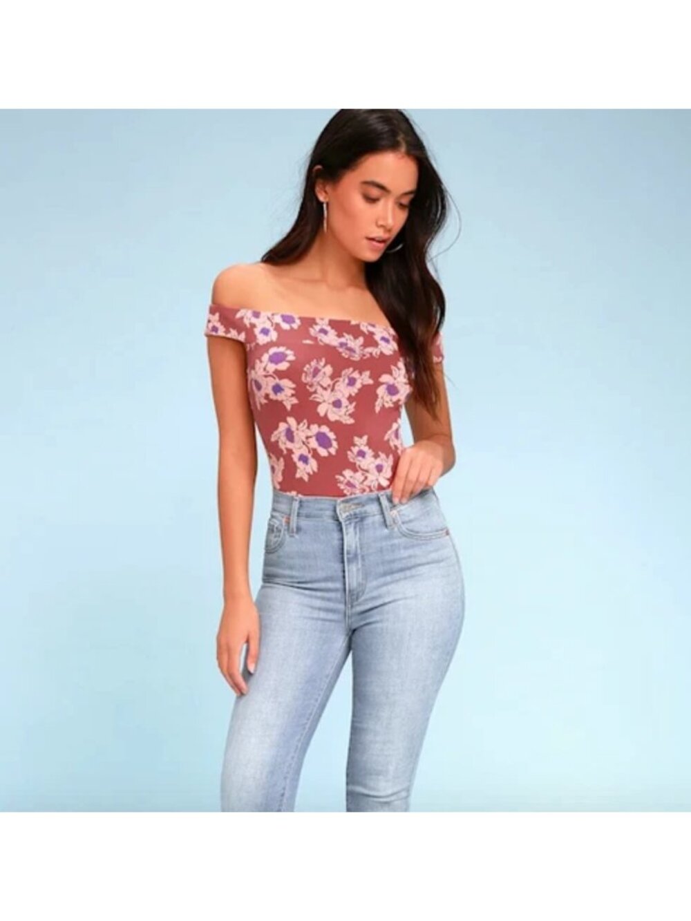 Free People Women So Much Off Shoulder Floral Sienna Clay Pink Bodysuit M